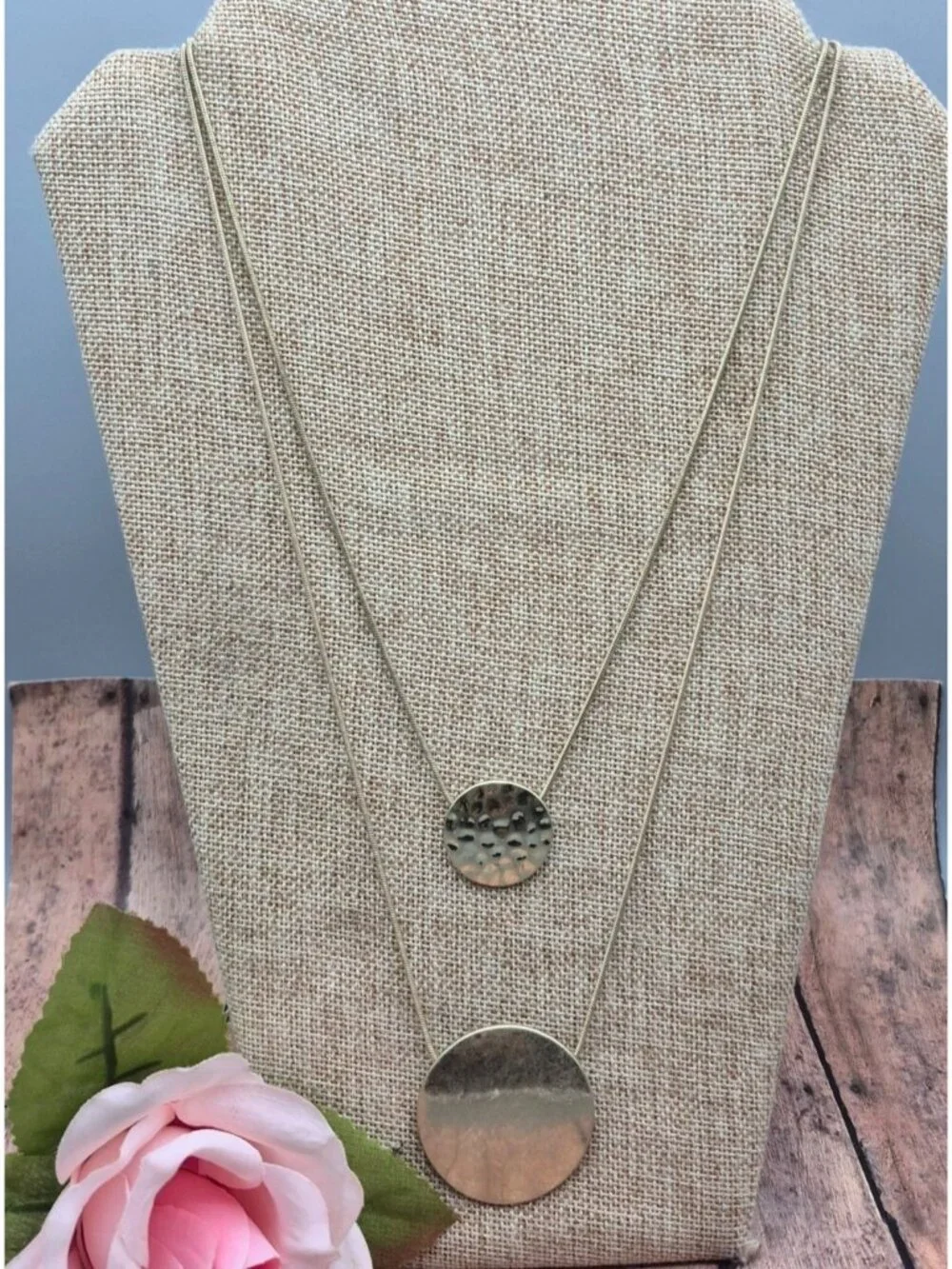 Layered Gold-Tone Necklace With Textured Circular Pendants 31